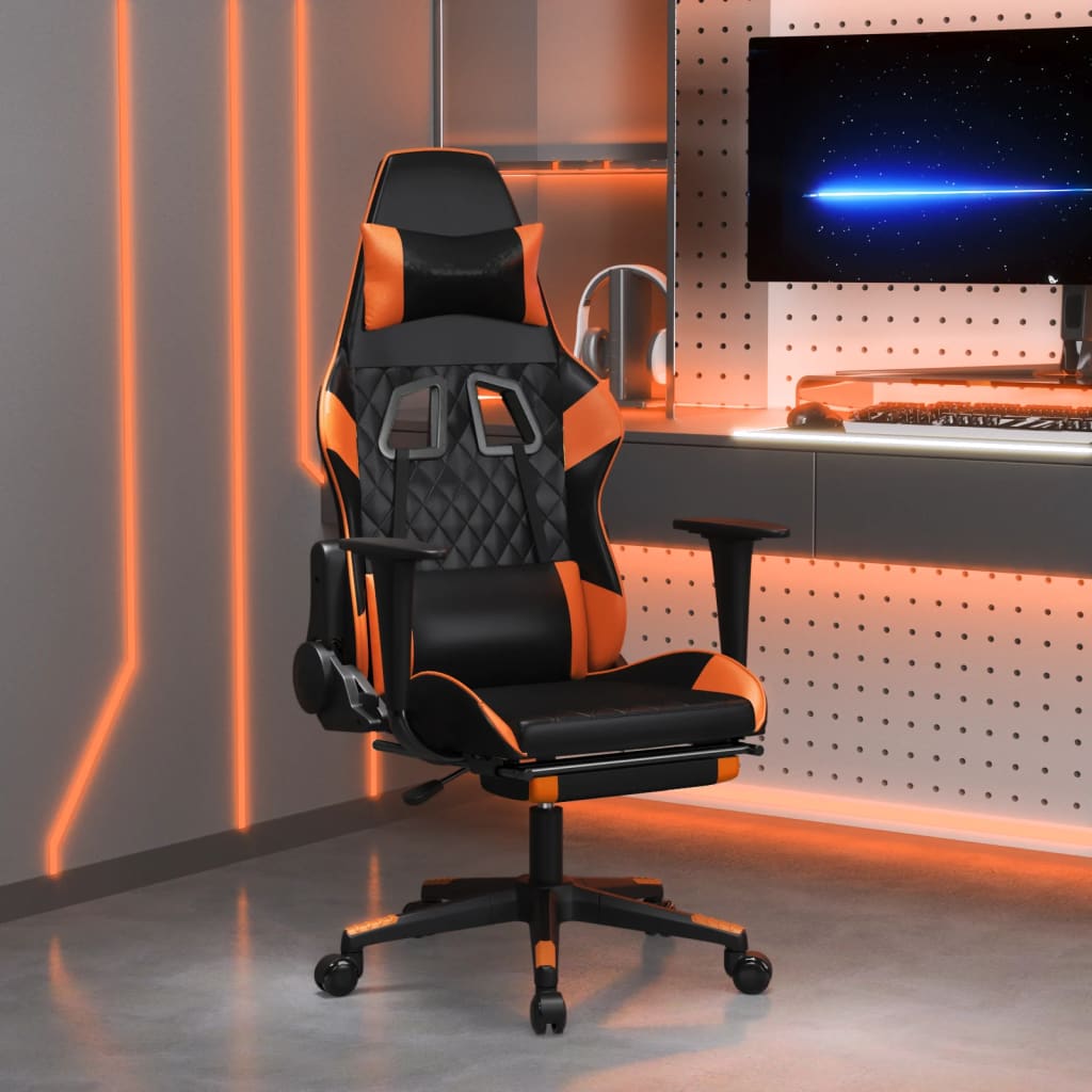 vidaXL Silla gaming con reposapiés cuero sintético negro naranja