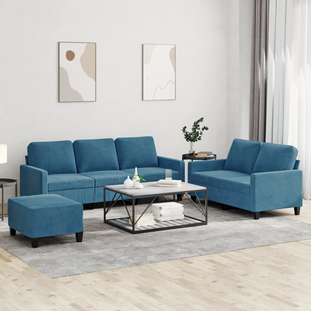 vidaXL Juego de sofás con cojines 3 piezas terciopelo azul
