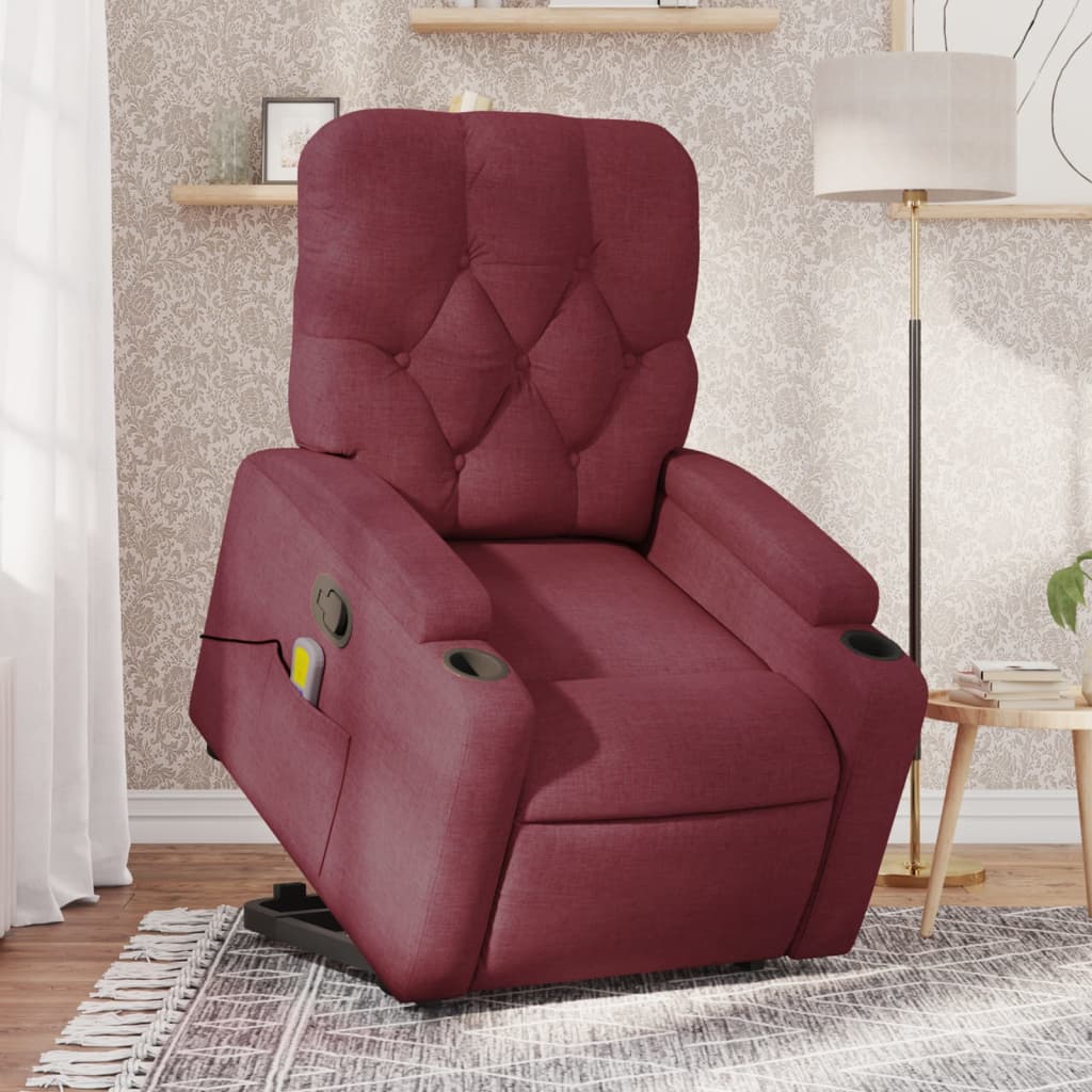 vidaXL Sillón reclinable de masaje elevable tela rojo tinto