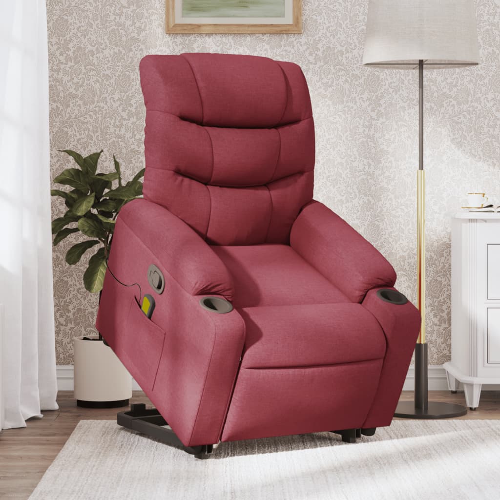 vidaXL Sillón reclinable de masaje elevable tela rojo tinto