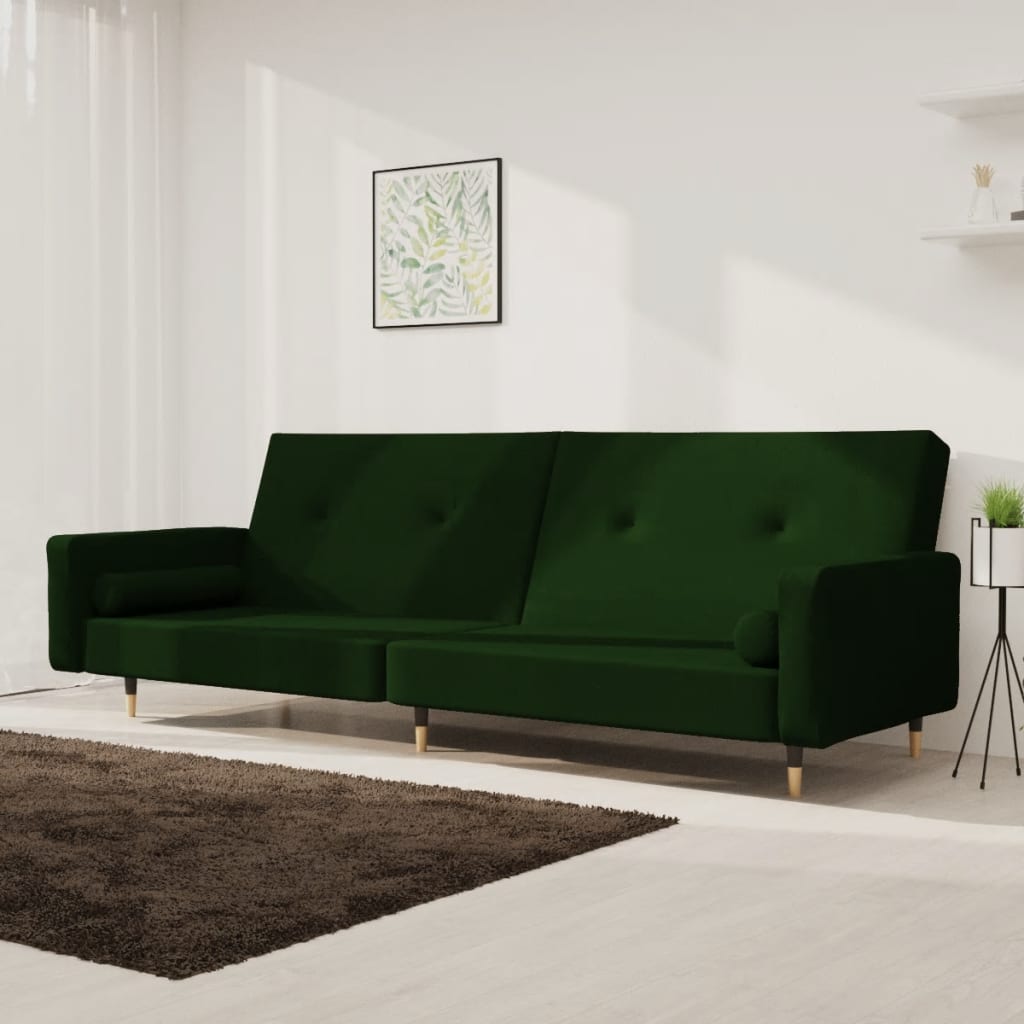 vidaXL Sofá cama de 2 plazas con dos almohadas terciopelo verde oscuro