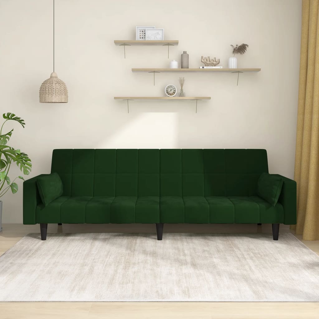 vidaXL Sofá cama de 2 plazas con dos almohadas terciopelo verde oscuro