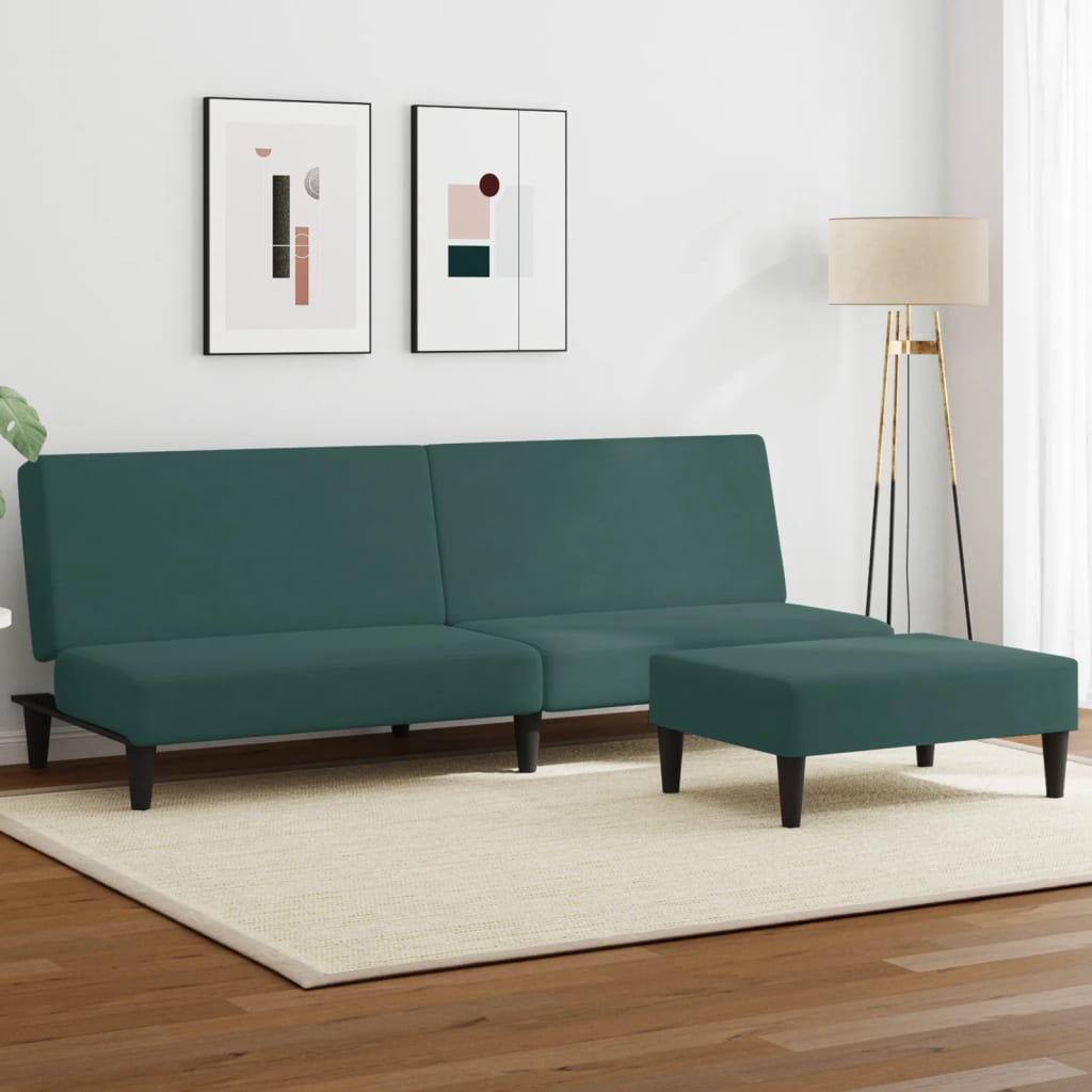 vidaXL Sofá cama de 2 plazas con taburete terciopelo verde oscuro