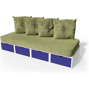 ABC MEUBLES Banquette cube 200 cm + futon + coussins - - Blanc/Bleu foncé