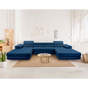 Best Mobilier Pablo canapé panoramique en U 7 places convertible avec coffres et têtières réglables en velours Bleu nuit