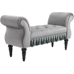 HOMCOM Banc banquette capitonnée design accoudoirs courbés pompons pieds bois hévéa revêtement velours gris - Gris - Publicité