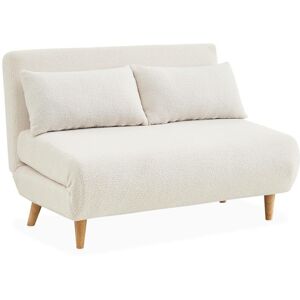 SWEEEK Canapé convertible en tissu bouclettes blanches- Guesta - 2 places scandinave. pieds bois foncé. banquette. dossier inclinable - Bouclette blanche - Publicité