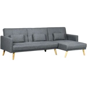 HOMCOM Canapé d'angle convertible 3 places design scandinave - réversible, effet capitonné, 3 coussins déco - piètement bois tissu aspect lin gris - Publicité