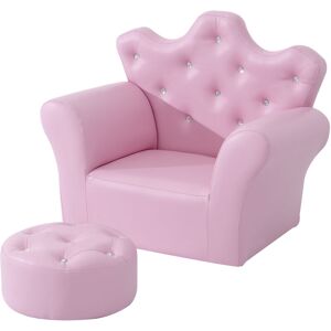 Ensemble fauteuil et pouf enfant design couronne de princesse - dossier et assise pouf avec boutons strass aspect cristaux - structure bois revêtement synthétique pvc rose