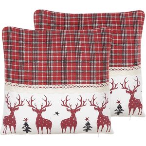 Lot de 2 Coussins de Noël avec Motifs Carreaux et Rennes 45 x 45 cm en Coton Rouge Beliani - Publicité