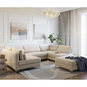 DELIFE Canapé panoramique Elio 300x185 cm Velours côtelé beige avec tabouret