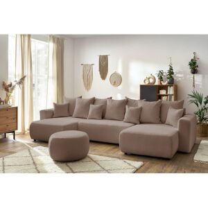 BOBOCHIC Canapé panoramique convertible coffre ENVY tissu bouclette avec pouf rond Marron Panoramique - Publicité