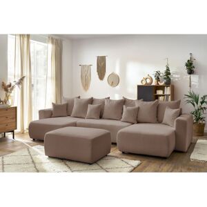 BOBOCHIC Canapé panoramique convertible coffre ENVY tissu bouclette avec pouf rectangulaire Marron - Publicité