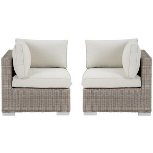 Vente-unique.com Lot de 2 angles en resine tressee avec coussins blancs - BUSAN de MYLIA