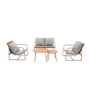 Vente-unique.com Salon de jardin en acier : 1 canape 2 places, 2 fauteuils et 2 tables basses - Orange et coussins gris - LASIMO de MYLIA