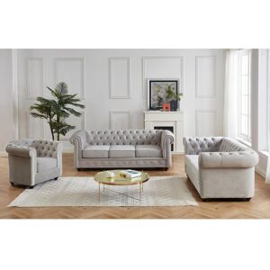 Vente-unique Canapes 3 places 2 places et un fauteuil CHESTERFIELD - Velours gris clair