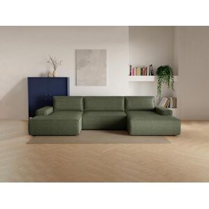 Vente-unique Grand canape d'angle panoramique convertible en tissu texture vert AMELIA