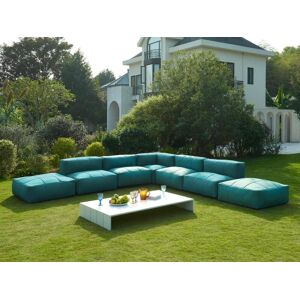 MYLIA Salon de jardin modulable 7 places en tissu : 4 fauteuils, 1 angle, 2 poufs et une table basse - Vert - LIVAI de MYLIA