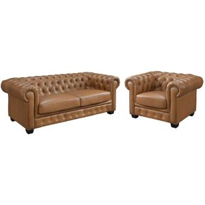 Vente-unique.com Canapé chesterfield 3 places et un fauteuil BRENTON 100% cuir de buffle premium - Caramel vintage