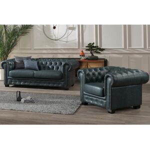 Vente uniquecom Canape chesterfield 3 places et un fauteuil BRENTON 100 cuir de buffle premium Vert de gris