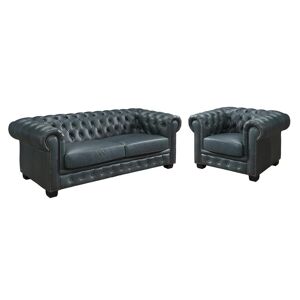 Vente-unique.com Canapé chesterfield 3 places et un fauteuil BRENTON 100% cuir de buffle premium - Vert de gris