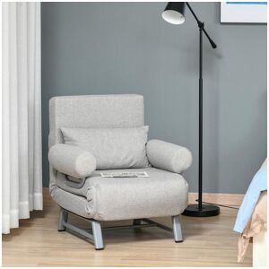 Homcom Fauteuil chauffeuse canapé-lit convertible inclinable 1 place grand confort coussin lombaires accoudoirs piètement métal lin gris clair