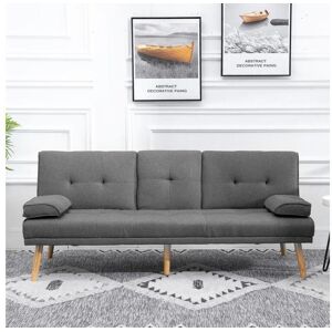 Homcom Canape convertible 3 places design scandinave inclinaison dossier reglable 3 niveaux dossier central rabattable 2 porte verres bois massif lin gris fonce