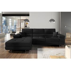 Venesetti Canapé d'angle convertible ARMEL en tissu luxe 5 places, noir, avec coffre, angle gauche (vu de face)