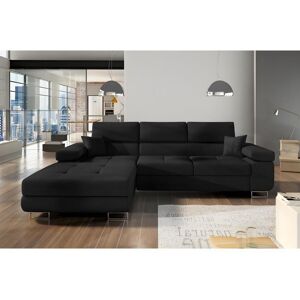 Venesetti Canapé d'angle convertible ARMEL en tissu luxe 5 places, noir, avec coffre, angle gauche (vu de face)