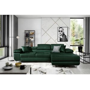 Venesetti Canapé d'angle convertible ARMEL en tissu velours luxe 5 places, couleur vert foncé, avec coffre, angle droit (vu de face)