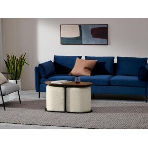 Vente-unique Table basse + 2 poufs en tissu bouclette - Naturel et blanc - ADAR