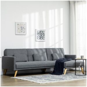 Homcom Canapé d'angle convertible 3 places design scandinave - réversible, effet capitonné, 3 coussins déco - piètement bois tissu aspect lin gris