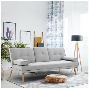 Homcom Canape convertible 3 places design scandinave inclinaison dossier reglable 3 niveaux dossier central rabattable 2 porte-verres bois massif lin gris clair