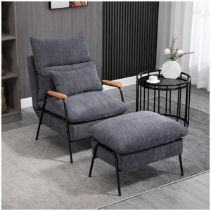 Homcom Fauteuil lounge style néo-rétro avec repose-pied - dossier inclinable - structure acier noir accoudoirs bois hévéa revêtement velours cotelé gris