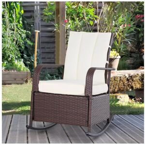 Outsunny Rocking chair fauteuil à bascule grand confort style cosy coussins assise dossier déperlant crème résine tressée imitation rotin chocolat