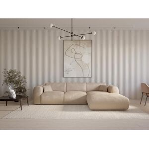 Canapé d'angle droit 5 places avec rangements en tissu effet velours  texturé beige et bois clair KOMAO - Miliboo