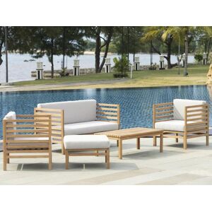 Vente-unique.com Salon de jardin en teck : 1 canape 2 places + 2 fauteuils + 1 pouf + 1 table basse - Naturel clair - LINERI de MYLIA