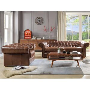 Vente-unique Canapé 3 places et un fauteuil 100% cuir vieilli chesterfield CLOTAIRE