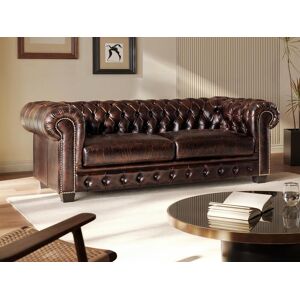 Vente-unique.com Canape chesterfield 3 places BRENTON 100% cuir de buffle - Marron reflets chatains