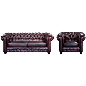 Vente unique Canape chesterfield 3 places et un fauteuil BRENTON 100 cuir de buffle Bordeaux