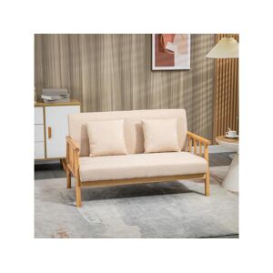 Homcom Canape lounge 2 places - 2 coussins inclus - assise profonde - accoudoirs - structure bois hevea - aspect lin beige