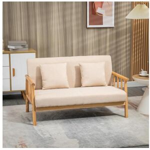 Homcom Canapé lounge 2 places - 2 coussins inclus - assise profonde - accoudoirs - structure bois hévéa - aspect lin beige