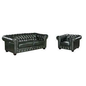 Vente unique Canape chesterfield 3 places et un fauteuil BRENTON 100 cuir de buffle Vert empire