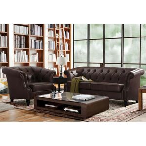 Vente-unique Canape 3 places et un fauteuil Chesterfield AQUITAINE en microfibre aspect cuir vieilli - Marron