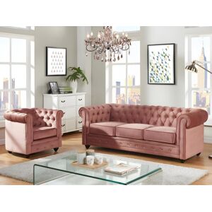 Vente unique Canape 3 places et fauteuil CHESTERFIELD Velours rose pastel