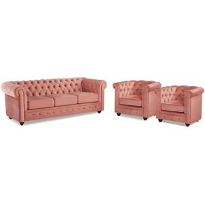 Vente-unique Canape 3 places et 2 fauteuils CHESTERFIELD - Velours rose pastel