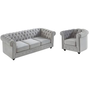 Vente-unique Canape 3 places et fauteuil CHESTERFIELD - Velours gris clair