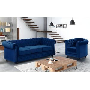 Vente-unique Canape 3 places et fauteuil CHESTERFIELD - Velours bleu roi