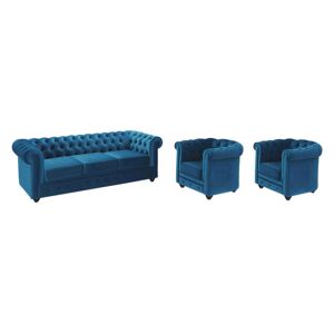 Vente-unique Canape 3 places et 2 fauteuils CHESTERFIELD - Velours bleu canard