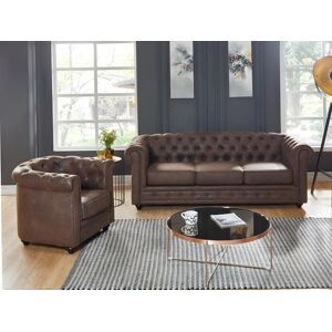 Vente-unique Canapé 3 places et fauteuil CHESTERFIELD en microfibre aspect cuir vieilli - Publicité